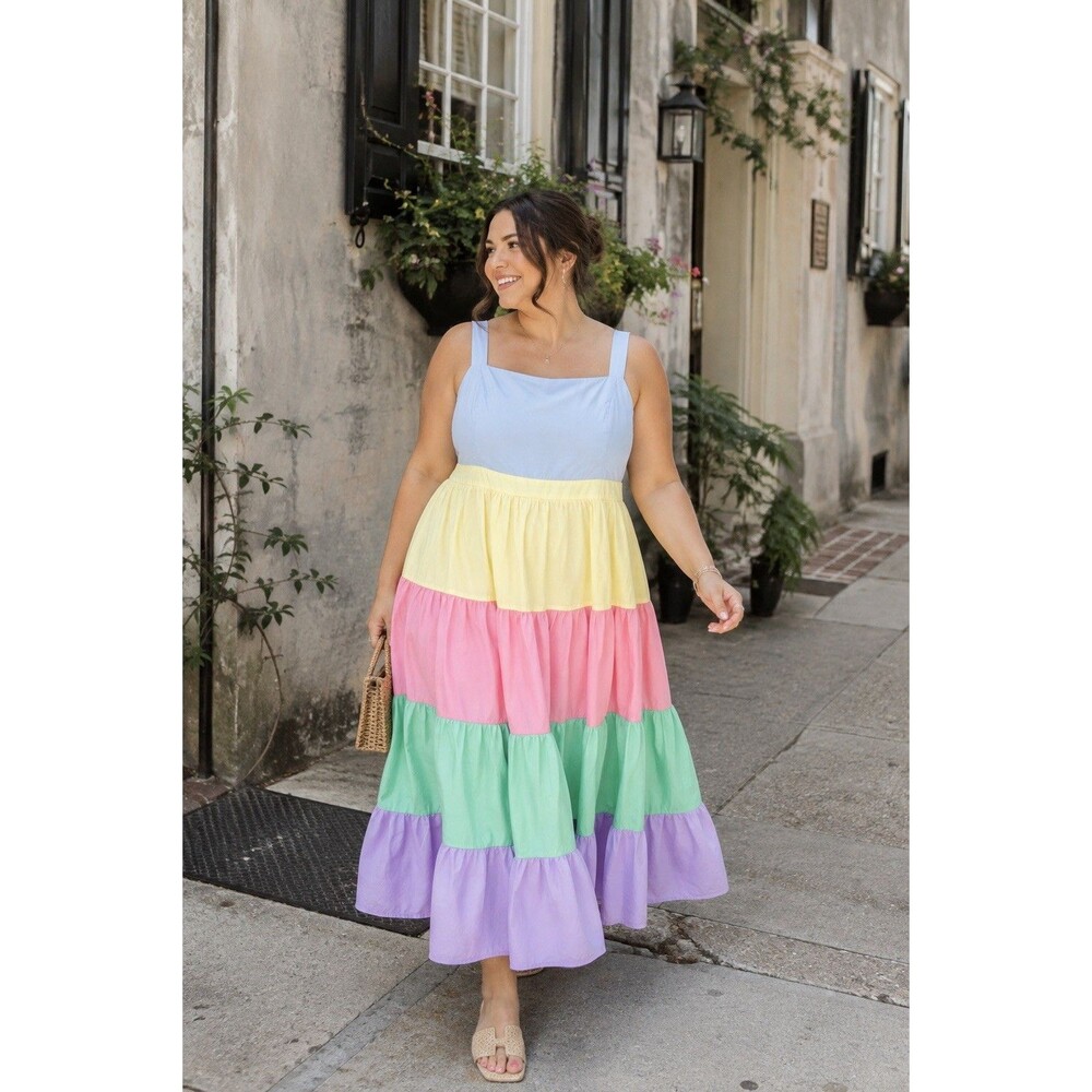 English Factory Pastel Color Block Midi Dress Large NWT Rainbow Spring Tiered